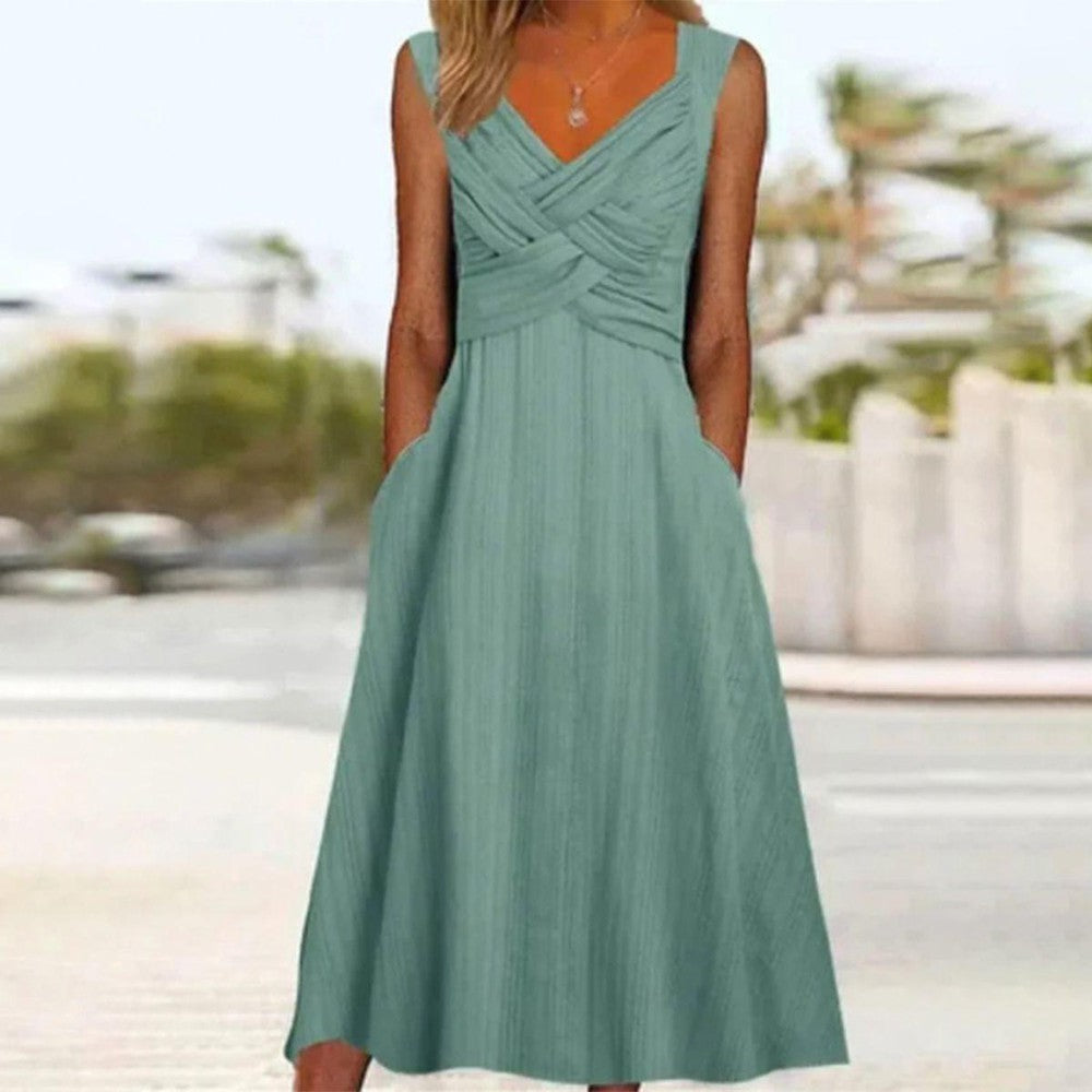 Emma™ - Elegante Groene Midi Jurk met V-hals