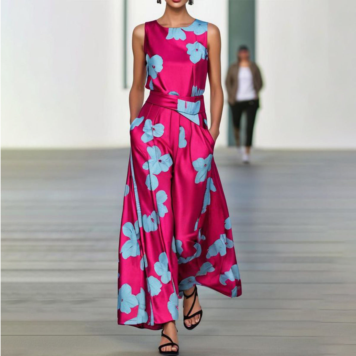 Lucia™ - Modieuze Roze Maxi Jurk met Blauwe Bloemen