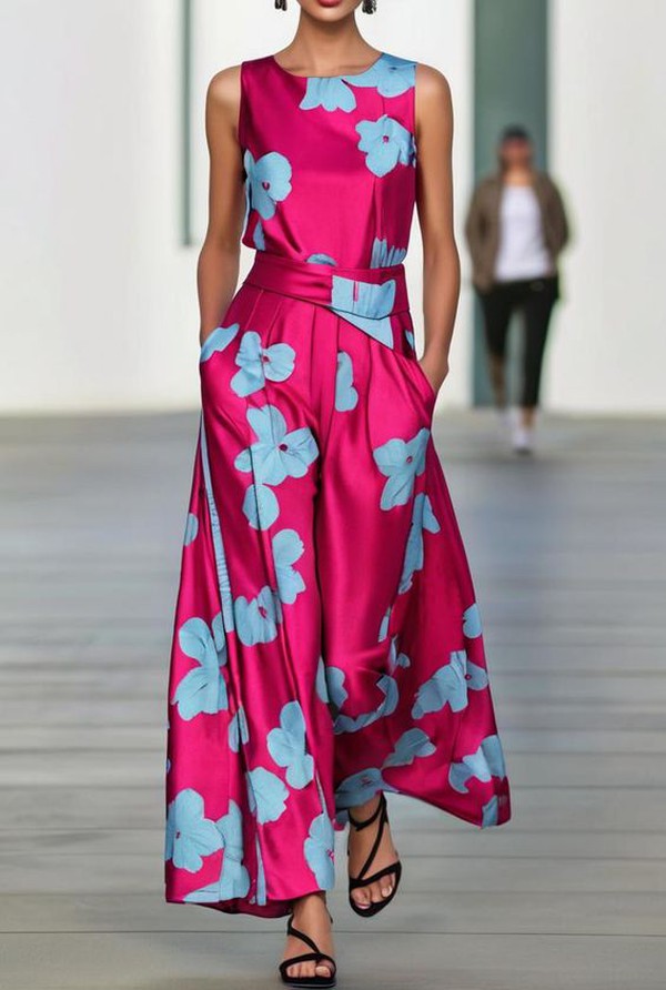 Lucia™ - Modieuze Roze Maxi Jurk met Blauwe Bloemen